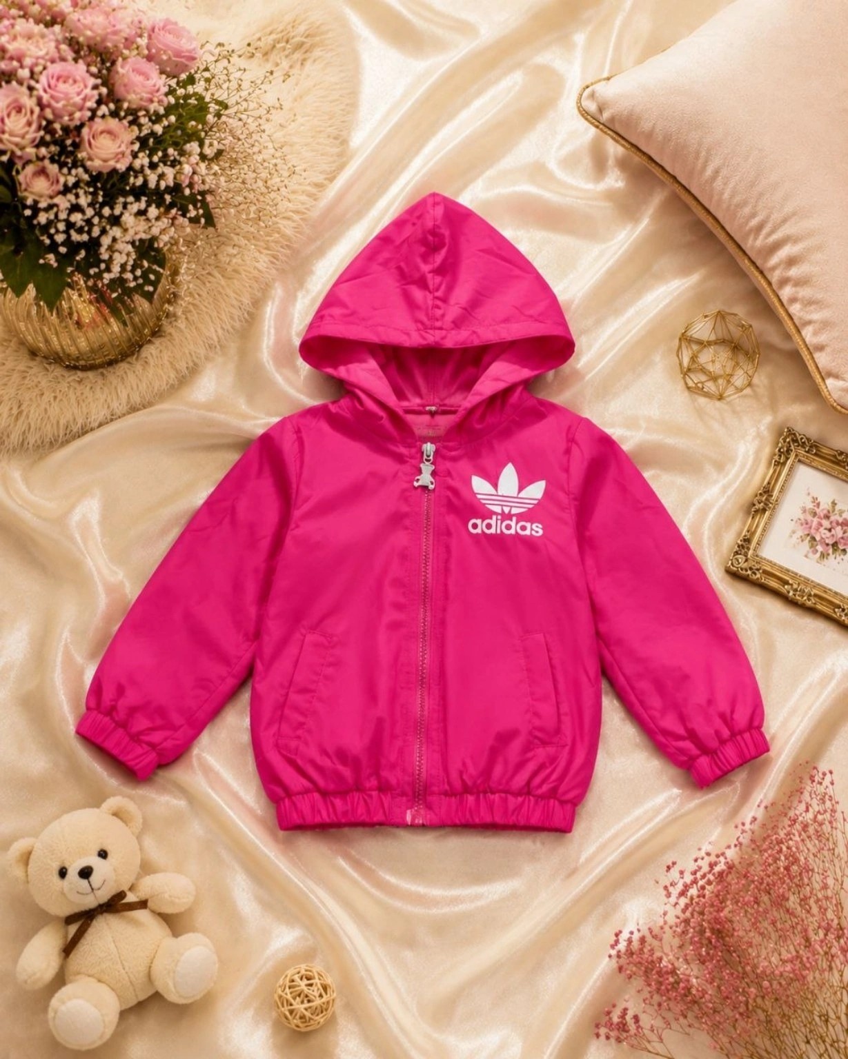 سوئیشرت دخترانه کلاه‌دار صورتی اسپرت طرح adidas کد ۱۱۱